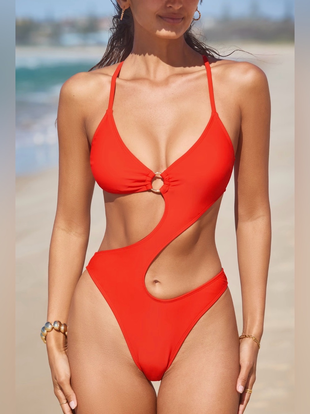 NWT CupShe Red Cutout One-Piece Swimsuit with Ring Detail- size M - Picture 2 of 8